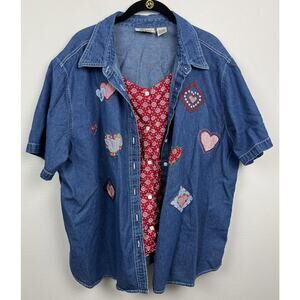 At Last Woman Size 22/24W Denim Button Up Shirt Hearts Embroidery Cottage Granny